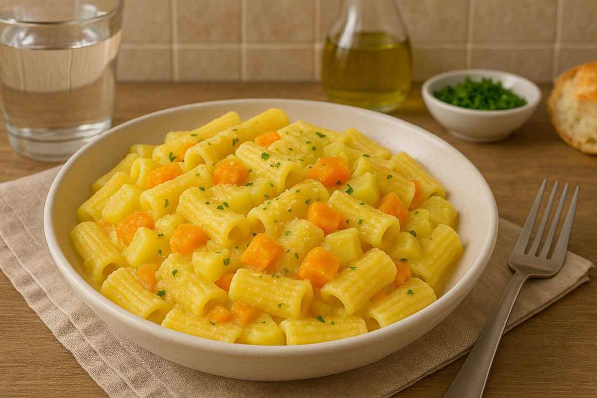 Un piatto di pasta cremosa con patate e carote