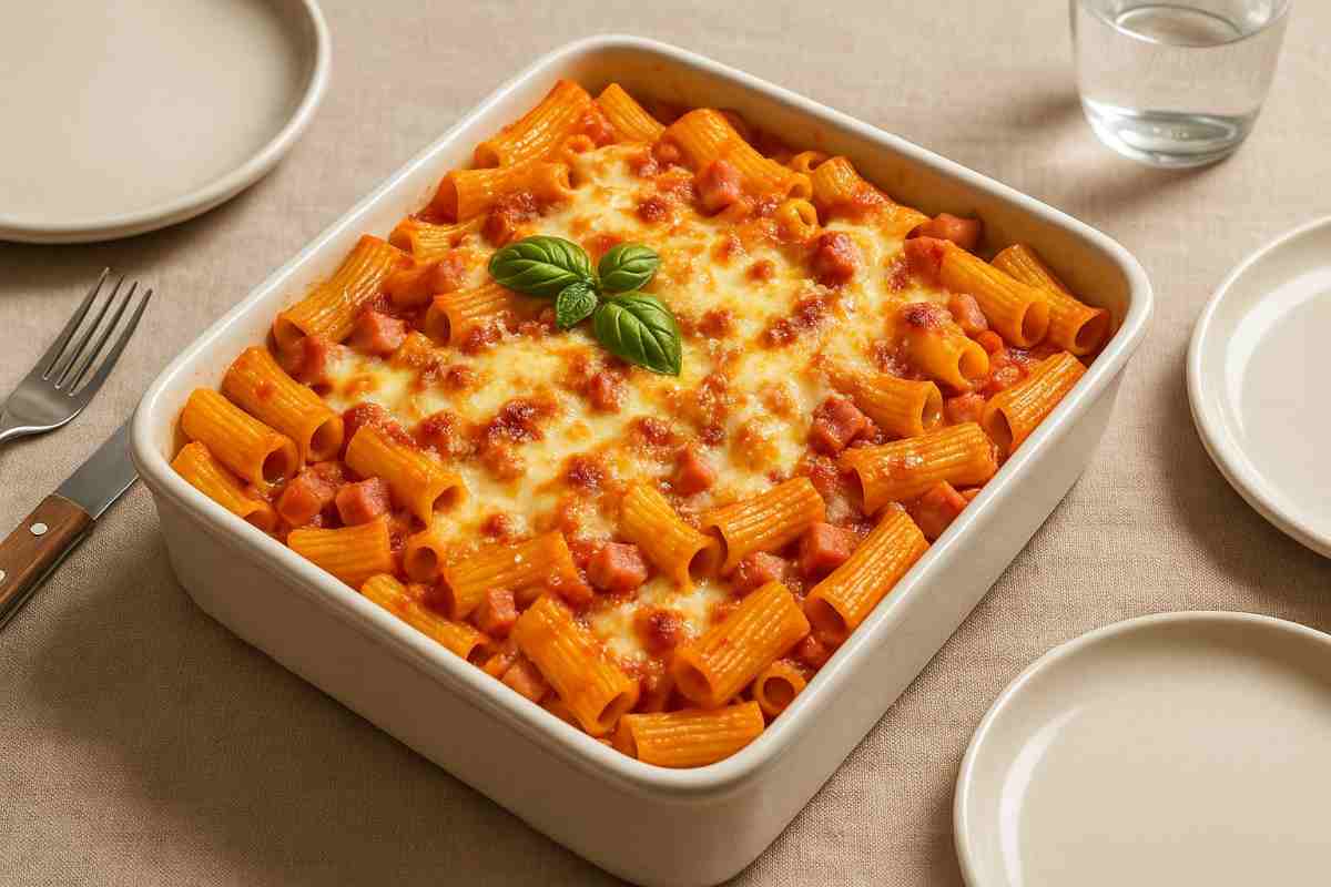 Una teglia di pasta al forno a tavola