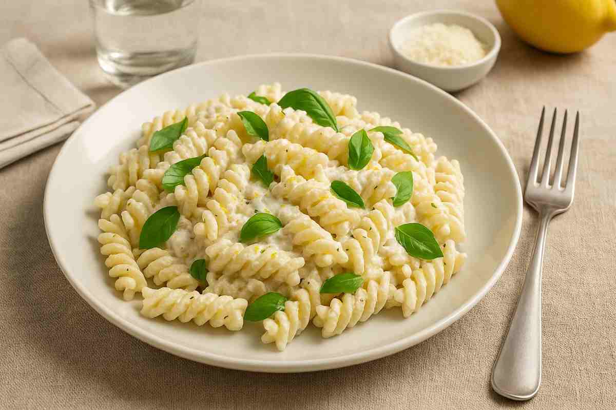 Un piatto di pasta cremosa con ricotta, limone e basilico