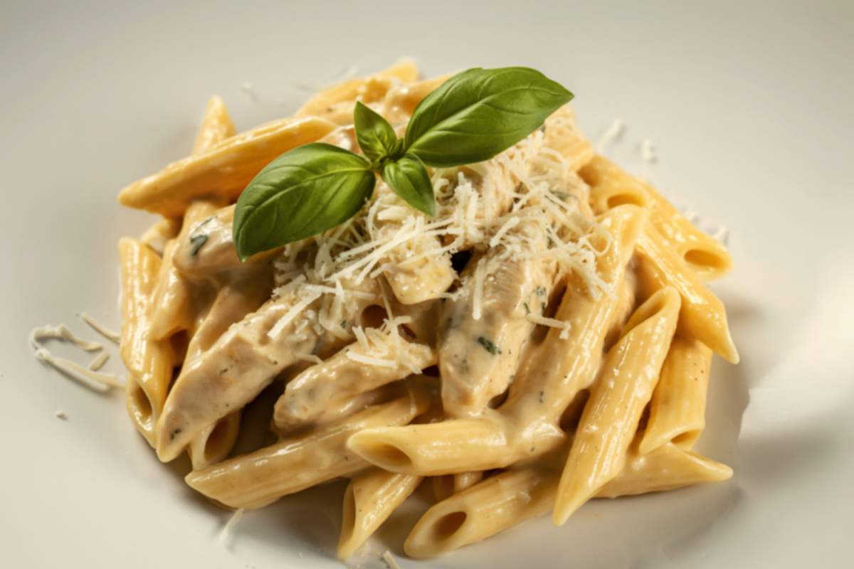 Piatto di penne rigate con parmigiano e basilico