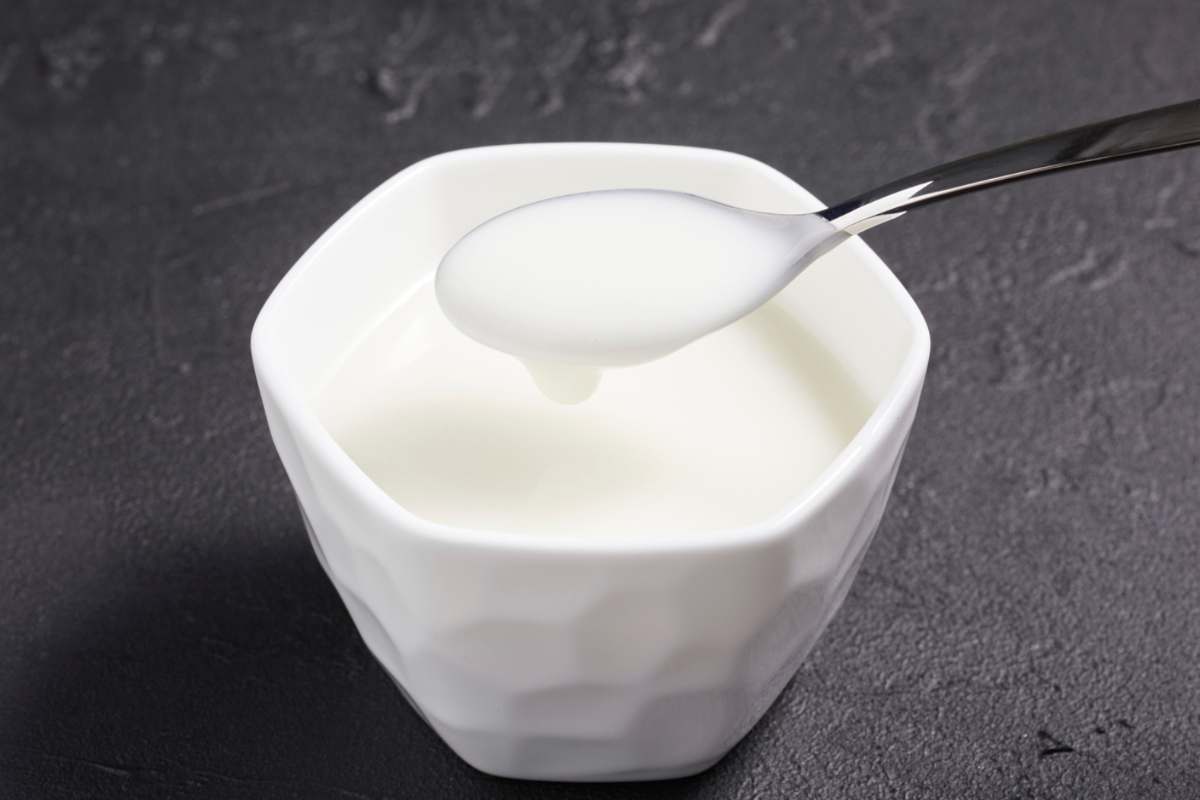 Ciotola con yogurt bianco e cucchiaino