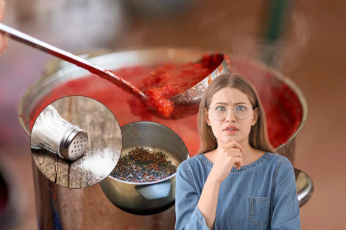sugo di pomodoro in pentola con saliera in miniatura e stoviglia bruciata e donna preoccupata