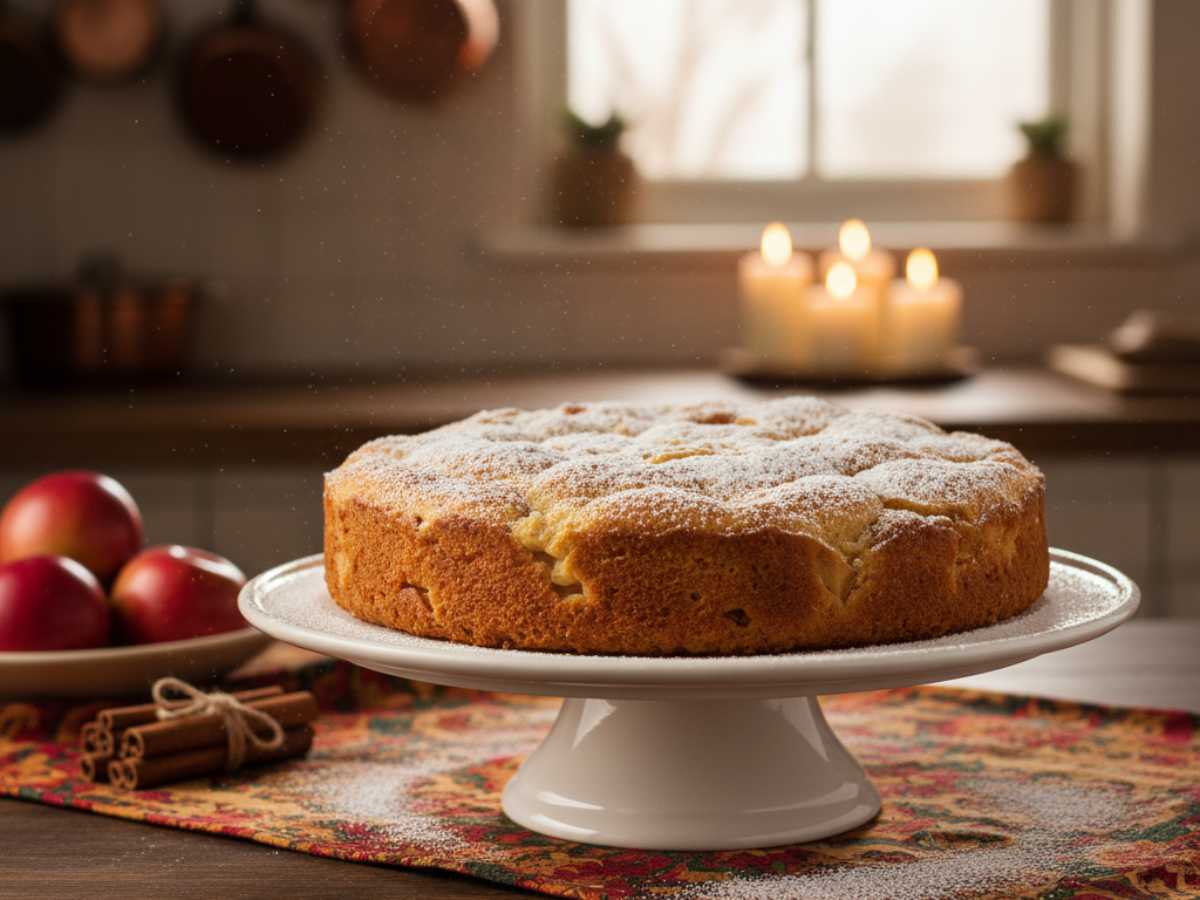 una torta di mele servita su un'alzatina