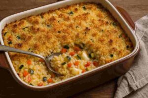 Una teglia di riso al forno con verdure e scamorza