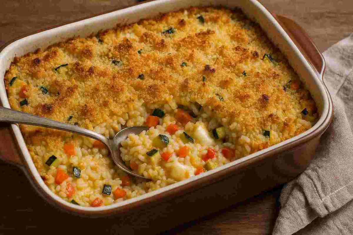 Una teglia di riso al forno con verdure e scamorza