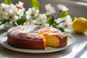 torta con fiori e limone su sfondo