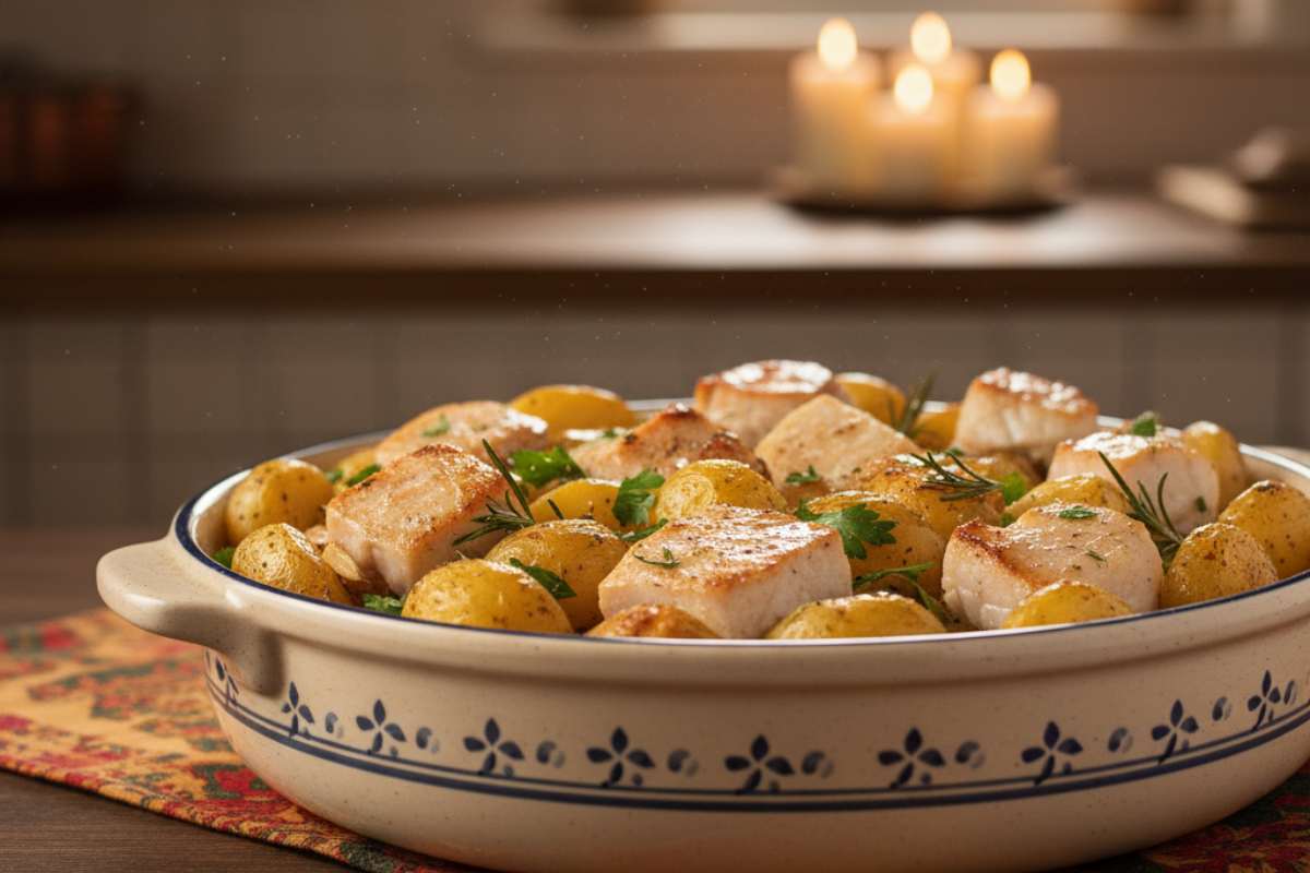 una pirofila con dentro patate novelle e tocchetti di pesce spada