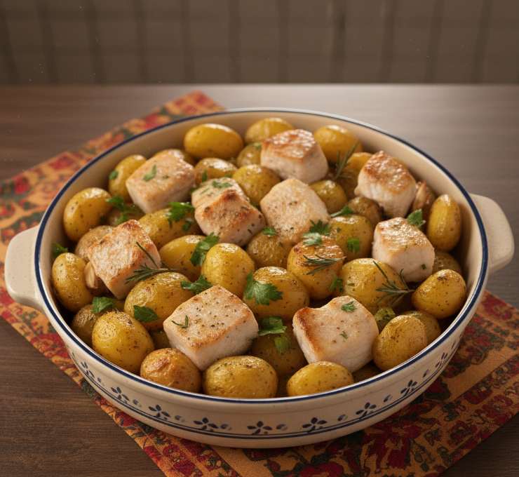 una pirofila colma di patate e pesce spada